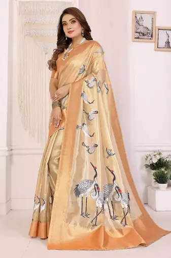 Golden soft tissue silk floral digital printed saree