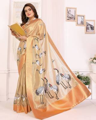 Golden soft tissue silk floral digital printed saree 3