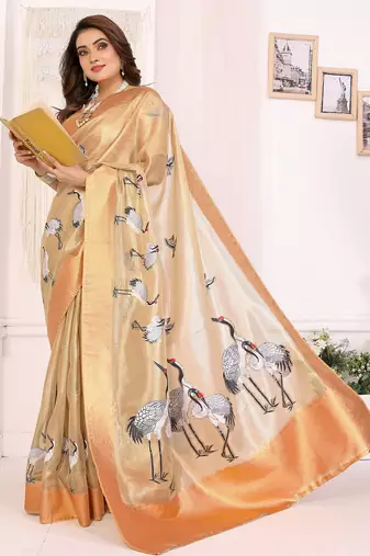 Golden soft tissue silk floral digital printed saree