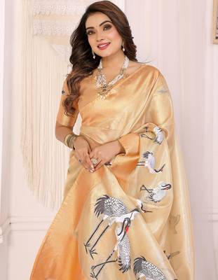 Golden soft tissue silk floral digital printed saree 5