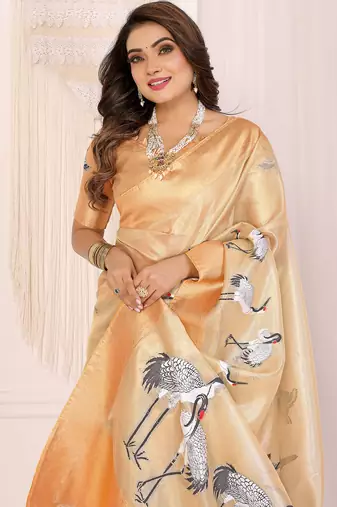 Golden soft tissue silk floral digital printed saree