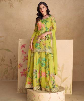 Olive green embroidery print & sequins work chinnon silk straight palazzo pant suit 2