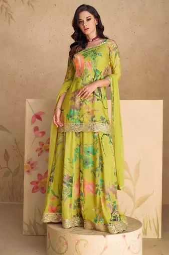 Olive green embroidery print & sequins work chinnon silk straight palazzo pant suit