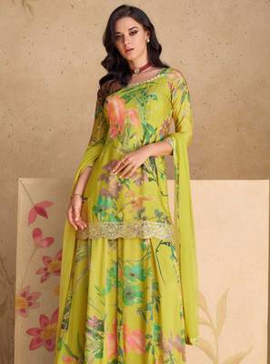 Olive green embroidery print & sequins work chinnon silk straight palazzo pant suit 3