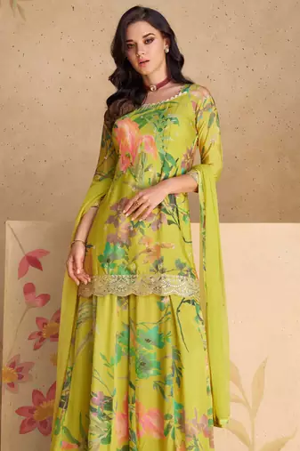 Olive green embroidery print & sequins work chinnon silk straight palazzo pant suit