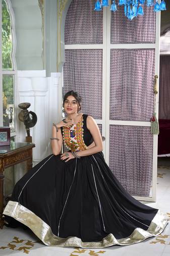 Black rayon chaniya choli with lace border and gota patti work