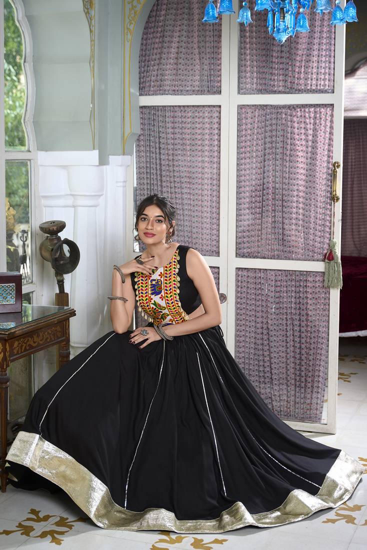 Black rayon chaniya choli with lace border and gota patti work