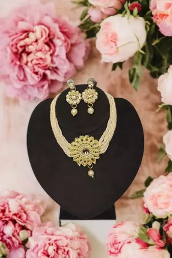 kundan pearl choker necklace set with earrings | traditional wedding jewelry for women & girls