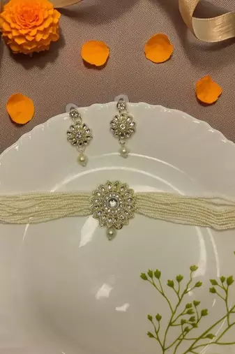 kundan pearl choker necklace set with earrings | traditional wedding jewelry for women & girls