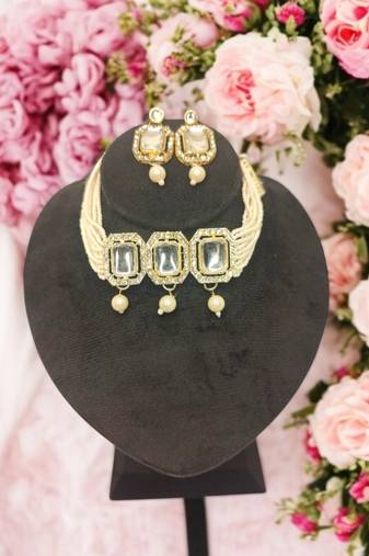 Bridal kundan pearl choker necklace set with earrings | traditional wedding jewelry for women & girls