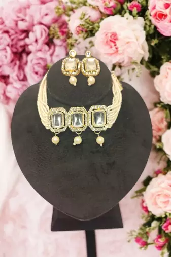 Bridal kundan pearl choker necklace set with earrings | traditional wedding jewelry for women & girls