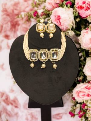 Bridal kundan pearl choker necklace set with earrings | traditional wedding jewelry for women & girls 3