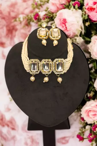Bridal kundan pearl choker necklace set with earrings | traditional wedding jewelry for women & girls