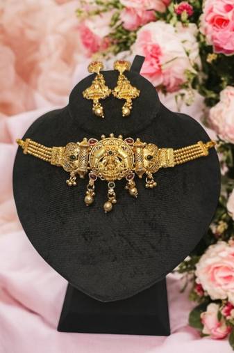 Traditional laxmi design temple choker necklace for women | antique gold-plated bridal jewlery
