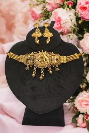 Traditional laxmi design temple choker necklace for women | antique gold-plated bridal jewlery