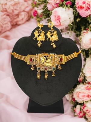 Dandiya dance design choker necklace set with earrings | antique gold-plated traditional garba jewlery | 1