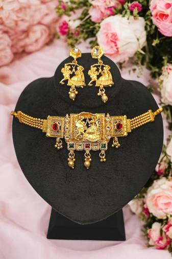 Dandiya dance design choker necklace set with earrings | antique gold-plated traditional garba jewlery |