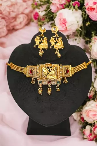 Dandiya dance design choker necklace set with earrings | antique gold-plated traditional garba jewlery |