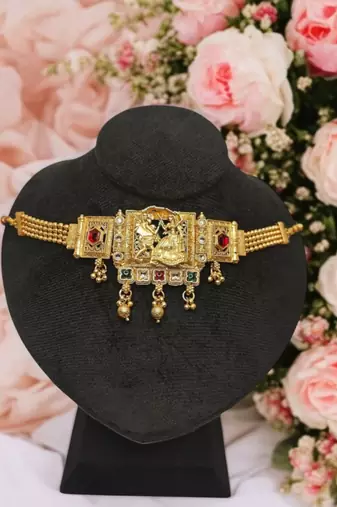 Dandiya dance design choker necklace set with earrings | antique gold-plated traditional garba jewlery |