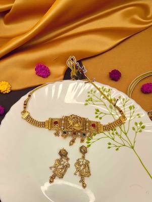 Dandiya dance design choker necklace set with earrings | antique gold-plated traditional garba jewlery | 3