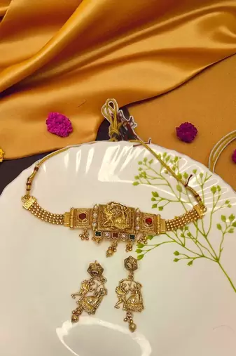 Dandiya dance design choker necklace set with earrings | antique gold-plated traditional garba jewlery |