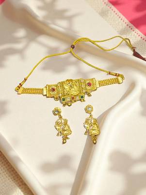 Dandiya dance design choker necklace set with earrings | antique gold-plated traditional garba jewlery | 4