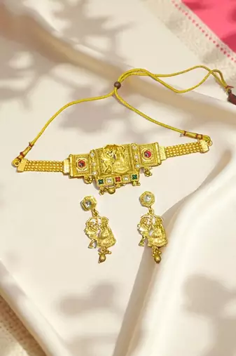 Dandiya dance design choker necklace set with earrings | antique gold-plated traditional garba jewlery |