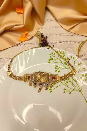 Dandiya dance design choker necklace set with earrings | antique gold-plated traditional garba jewlery |
