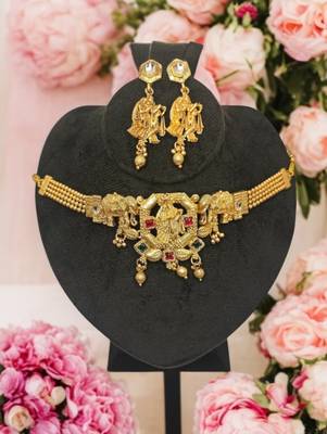 Golden glamour radha krishna temple jewelry choker set for women | traditional antique gold finish with earrings | 1