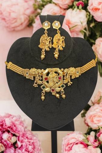 Golden glamour radha krishna temple jewelry choker set for women | traditional antique gold finish with earrings |