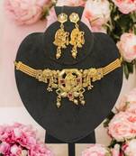 Golden glamour radha krishna temple jewelry choker set for women | traditional antique gold finish with earrings |