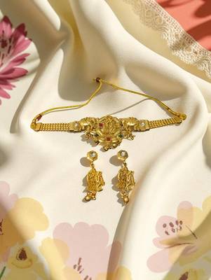 Golden glamour radha krishna temple jewelry choker set for women | traditional antique gold finish with earrings | 2