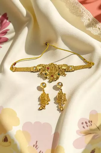 Golden glamour radha krishna temple jewelry choker set for women | traditional antique gold finish with earrings |