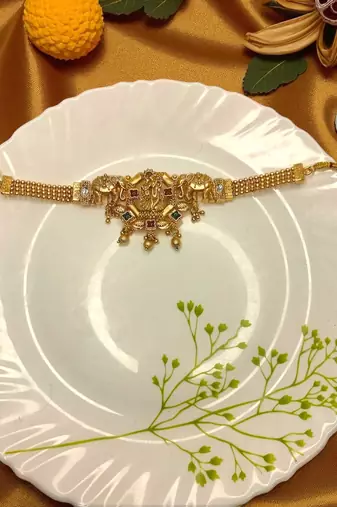 Golden glamour radha krishna temple jewelry choker set for women | traditional antique gold finish with earrings |