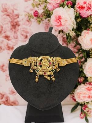 Golden glamour radha krishna temple jewelry choker set for women | traditional antique gold finish with earrings | 4