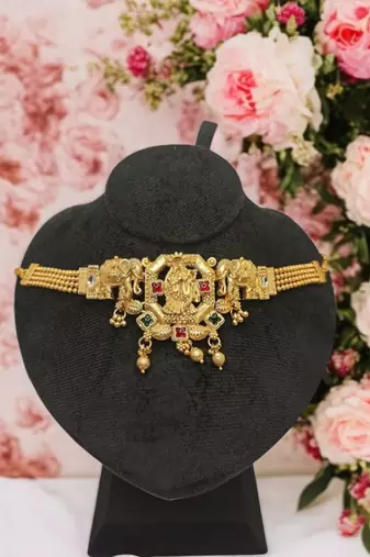 Golden glamour radha krishna temple jewelry choker set for women | traditional antique gold finish with earrings |