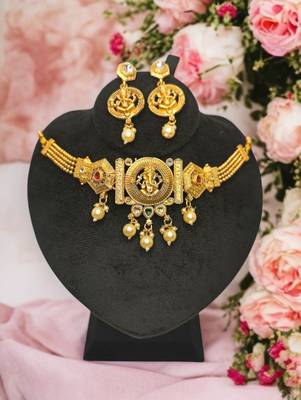 Golden Glamour Lord Ganesh Temple Choker Set Gold-Plated Alloy with Cultured Pearls 1