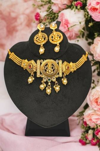 Lord ganesh temple choker necklace set with earrings | antique gold-plated traditional jewelers |