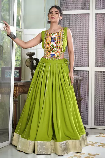 parot green rayon chaniya choli with lace border and gota patti work