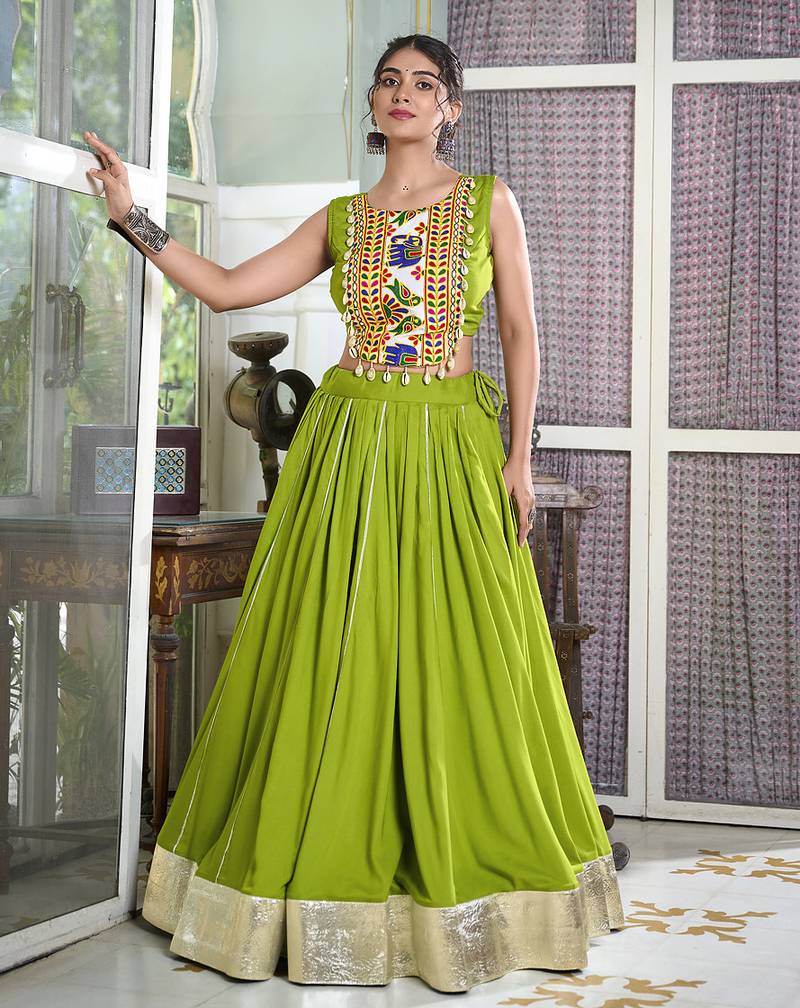 parot green rayon chaniya choli with lace border and gota patti work