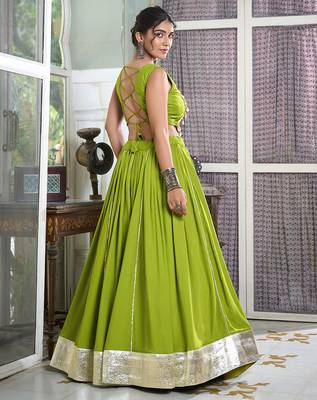 parot green rayon chaniya choli with lace border and gota patti work 2