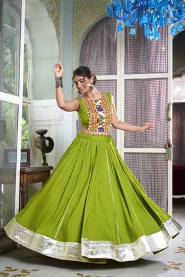 parot green rayon chaniya choli with lace border and gota patti work 4