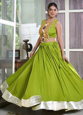 parot green rayon chaniya choli with lace border and gota patti work 5