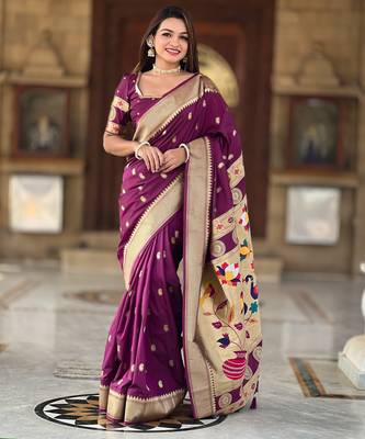 Wine color faux banarasi silk saree with paithani rich weaved pallu and blouse 1