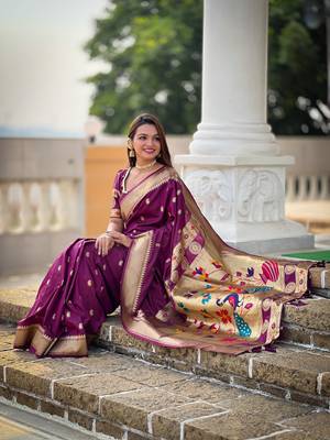Wine color faux banarasi silk saree with paithani rich weaved pallu and blouse 2