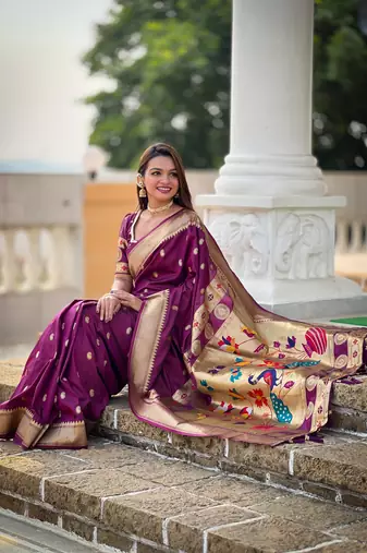 Wine color faux banarasi silk saree with paithani rich weaved pallu and blouse