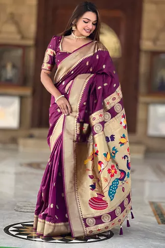 Wine color faux banarasi silk saree with paithani rich weaved pallu and blouse