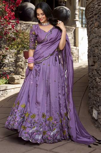 Lavender Sequins and Thread Embroidery Vichitra Silk Lehenga Choli