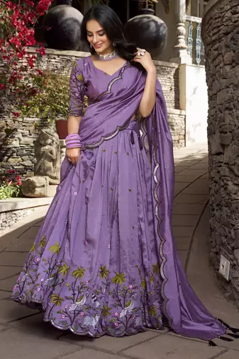 Lavender Sequins and Thread Embroidery Vichitra Silk Lehenga Choli
