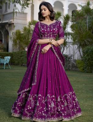 Wine Sequins and Thread Embroidery Vichitra Silk Lehenga Choli 1